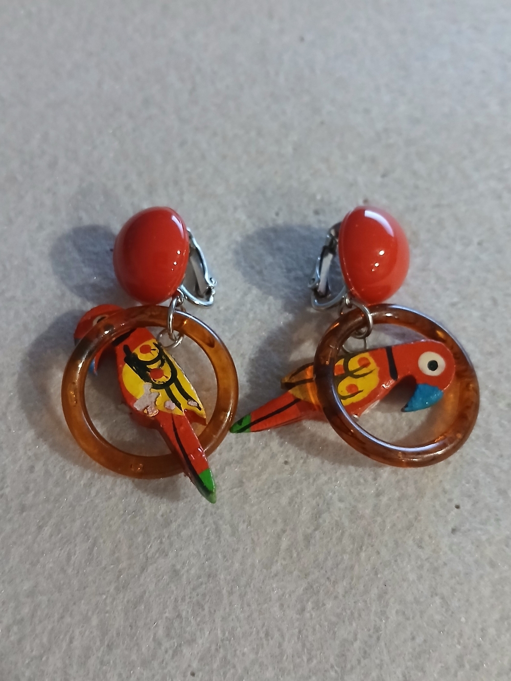 194- Hand-Painted Parrot Clip-On Earrings in Red Orange